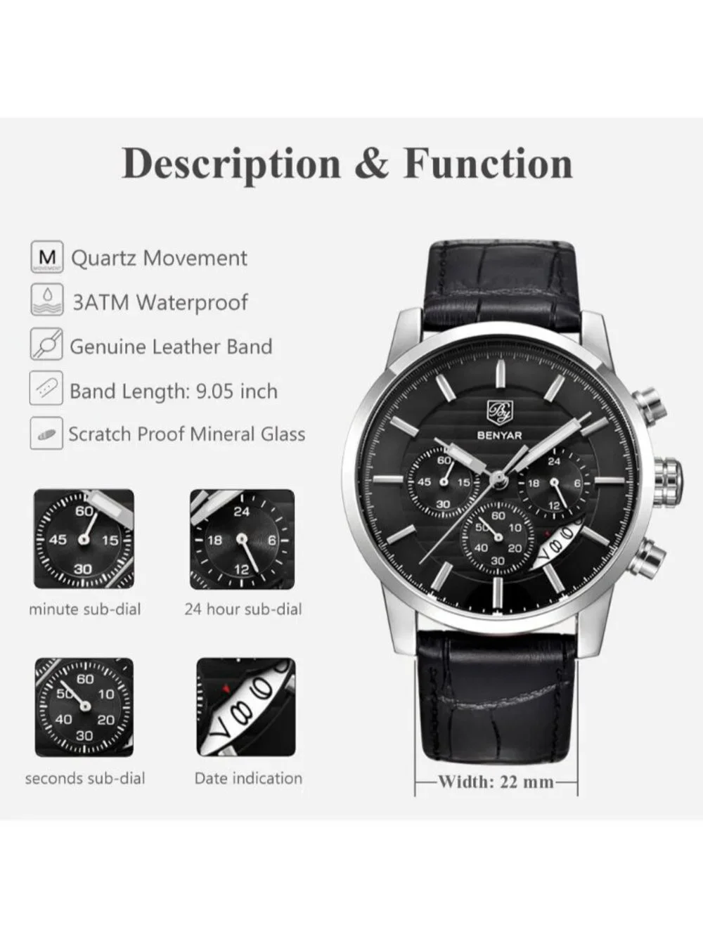 Men's Silver Black Analog Quartz Chronograph Waterproof Fashion Wrist Watch